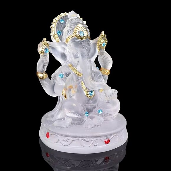 GANESH CLEAR GLAZE CRYSTAL STATUE-Bejeweled Resin Stone-4.5 in Figurine-Success - Picture 4 of 16